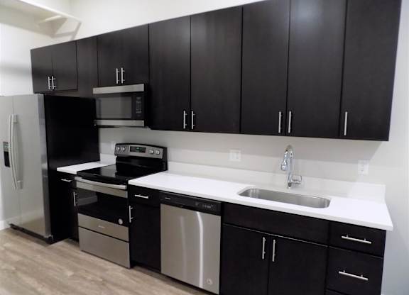 A kitchen with black cabinets and stainless steel appliances.