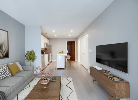 One-bedroom living and dining (virtually staged) at 2255 Wisconsin, Washington, DC