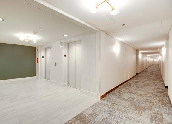 Newly renovated corridors at Lenox Club in the National Landing neighborhood of Arlington, VA 22202