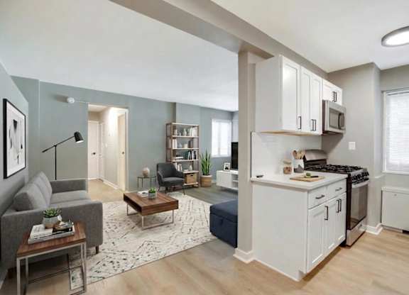 Kitchen and living room area at The Livingston Apartments in the Chevy Chase DC neighborhood of Washington, DC