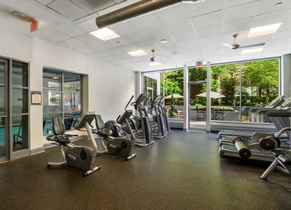 Fitness center with treadmills, ellipticals and free weights at Lenox Club, National Landing, Arlington, 22202