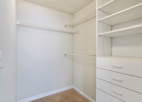 Walk-in closet with shelving and drawers at Lenox Club, National Landing, Arlington, VA 22202