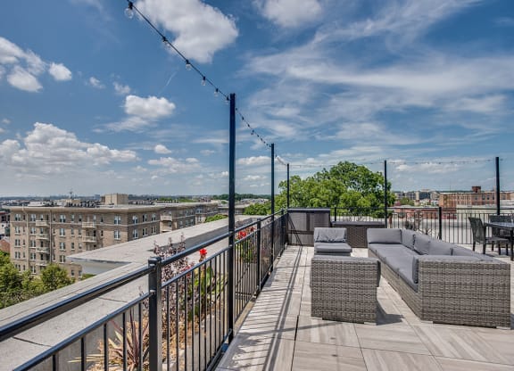 Rooftop deck with seating and lounge area at Highview and Castle Manor, Washington, DC, 20009
