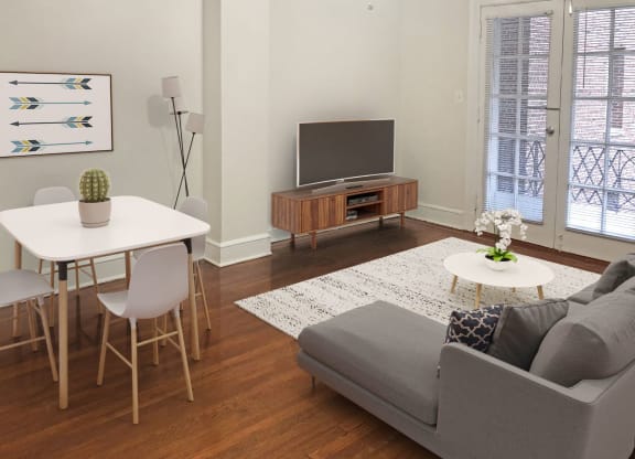 One-bedroom apartment living area (virtually staged) at Highview and Castle Manor, Washington, DC