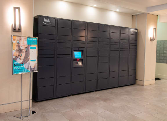 a large group lockers in the lobby of a building at The Argonne Apartments, Washington DC