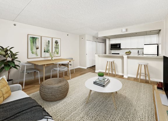Apartment living area (virtually staged) at Lenox Club, National Landing, Arlington, VA 22202