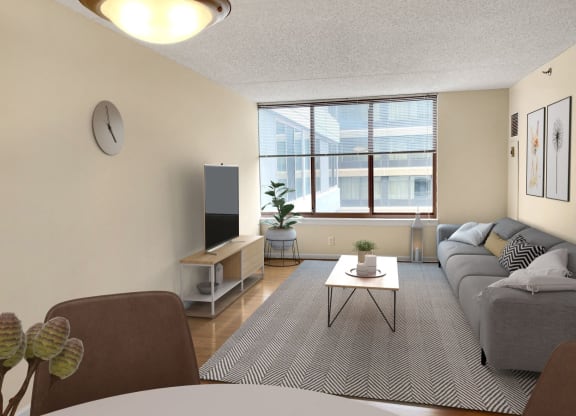 Apartment living area (virtually staged) at Lenox Club, National Landing, Arlington, VA 22202
