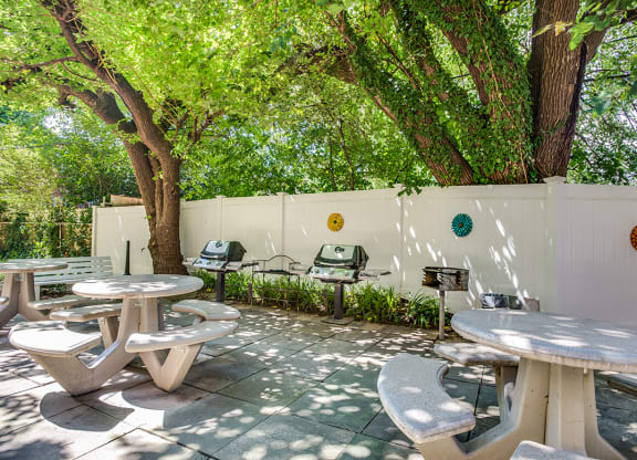 Courtyard with grilling area and seating at Mason Hall in Alexandria, VA 22314