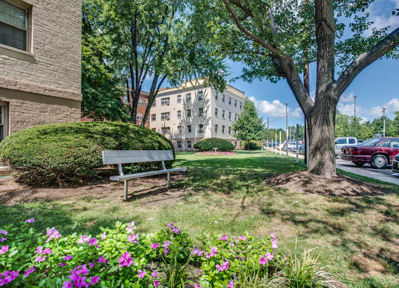 Building exterior and bench at Mason Hall in Alexandria, VA 22314
