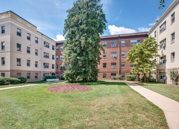 Building exterior and walkway at Mason Hall in Alexandria, VA 22314