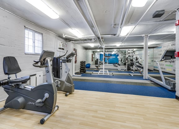 Fitness center with treadmills, machines and free weights at Mason Hall in Alexandria, VA 22314