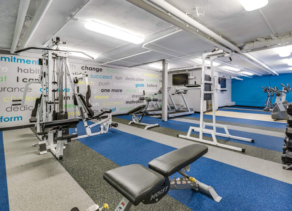 Fitness center with treadmills, machines and free weights at Mason Hall in Alexandria, VA 22314