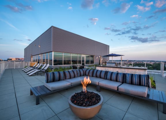 Rooftop deck with fire pit and grills at Valo Apartments, DC 20024