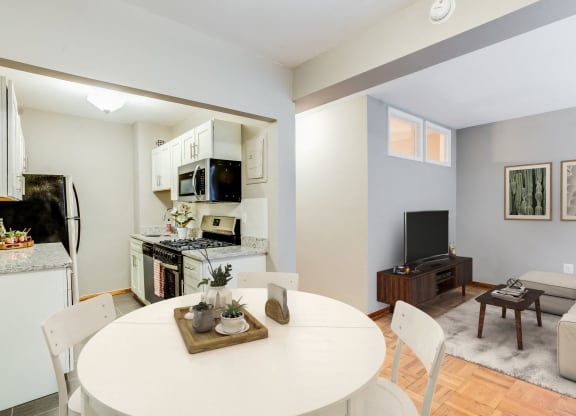 One-bedroom living and dining (virtually staged)