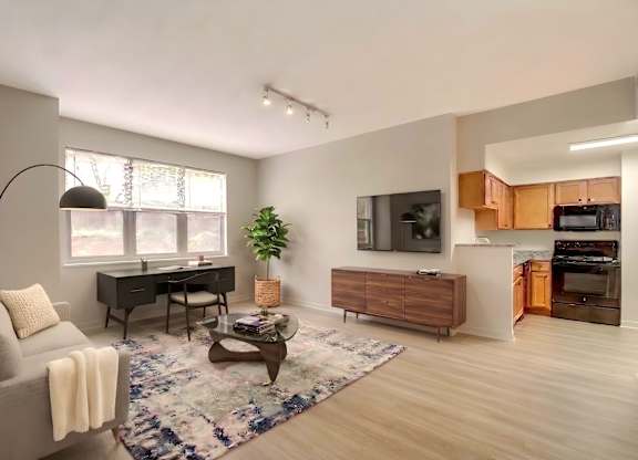 Living room and kitchen at West End Residences, Washington, 20037