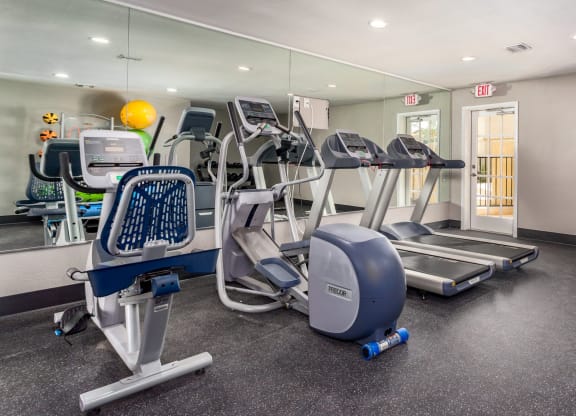 Apartment fitness center with treadmills, an elliptical machine, and a recumbent bike. The gym features mirrored walls, rubber flooring, and colorful exercise balls in the background, providing a well-equipped workout space