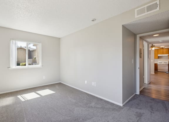the living room of an apartment with a view of the bedroom and hallway