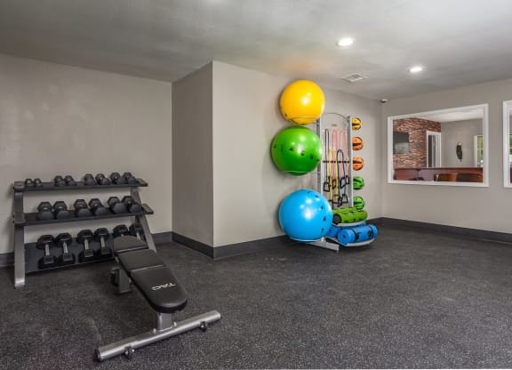 Apartment fitness center with a weight rack, adjustable bench, and a variety of exercise equipment, including stability balls, resistance bands, and foam rollers. The space features rubber flooring and a mirrored wall for an open workout area