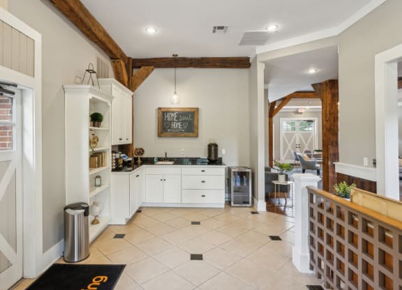 the kitchen is open to the dining room and living room