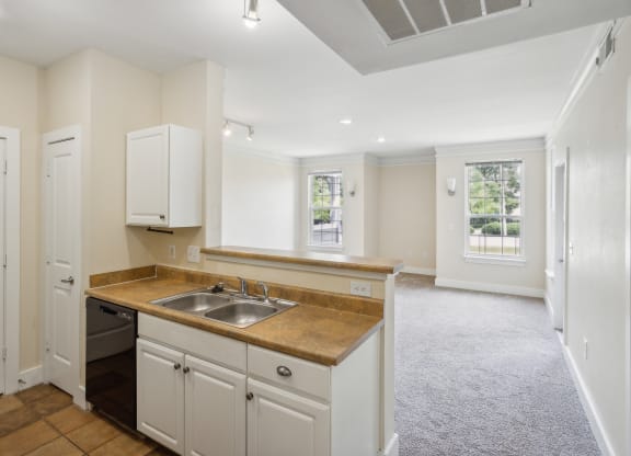a kitchen with white cabinets and a sink and a window