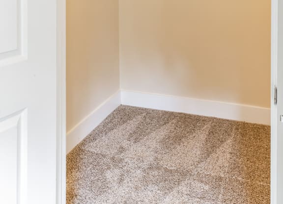 an empty closet in a home with white walls and a carpeted floor