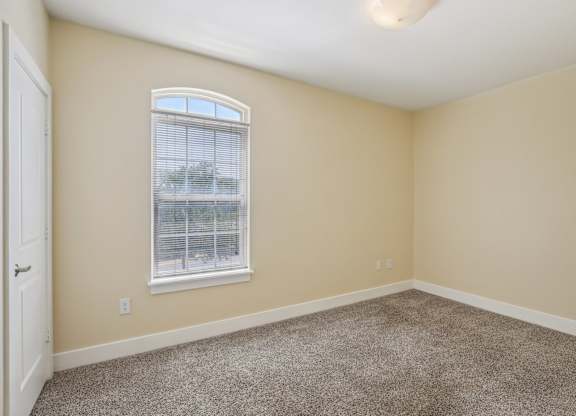 A room with a carpeted floor and a window with blinds.