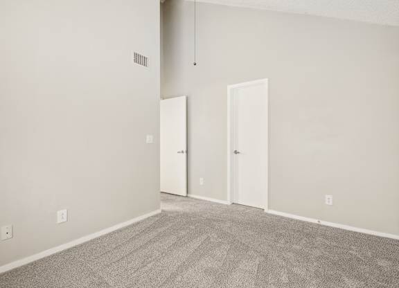 A room with two doors and a carpeted floor.