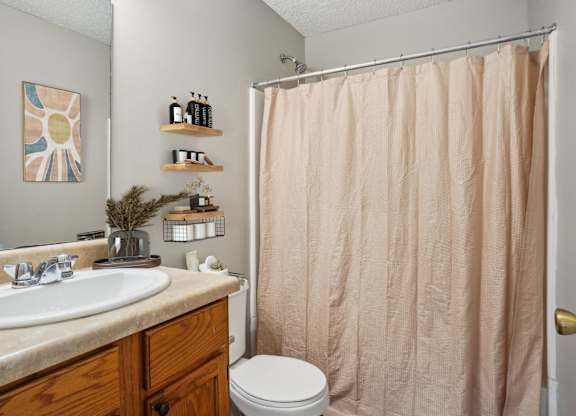 A bathroom with a toilet, sink, and shower curtain.