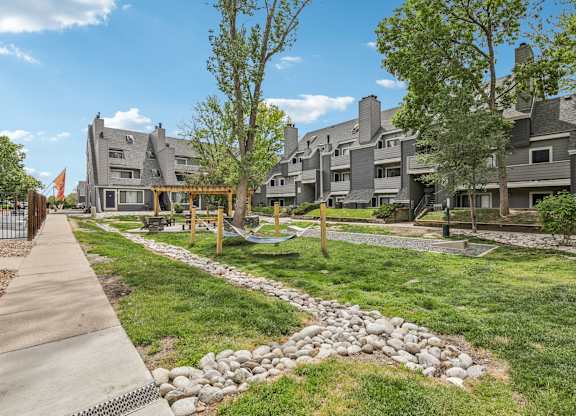 A residential area with houses and a playground.