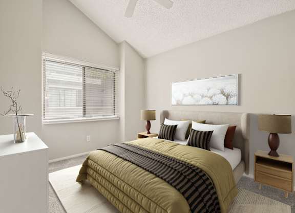 A bedroom with a bed, nightstand, and a painting on the wall.