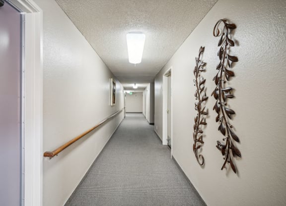 a long hallway with white walls and a decoration on the side
