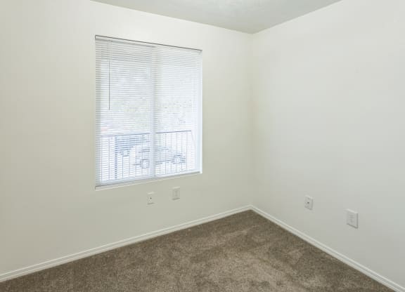 an empty room with a window and a carpet