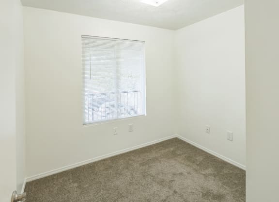 an empty room with carpet and a window