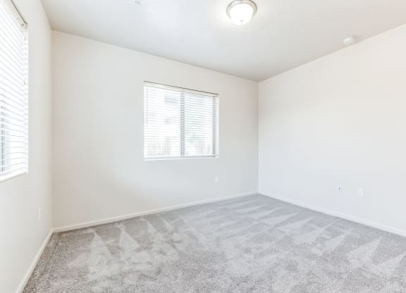 A room with a carpeted floor and a window with blinds.