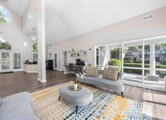 a living room with a gray couch and a yellow rug