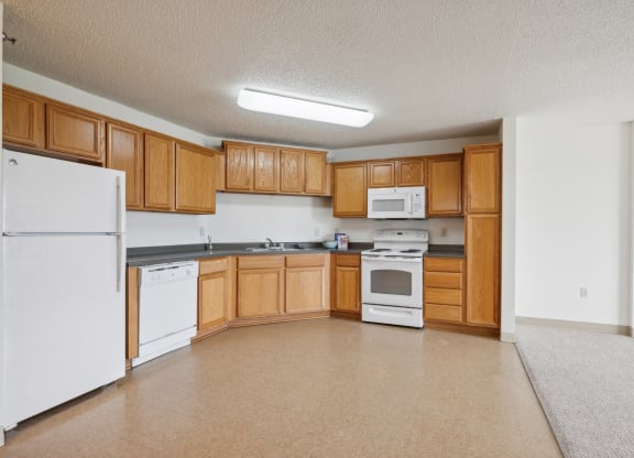 Spacious apartment kitchen with wooden cabinetry, white appliances including a refrigerator, dishwasher, stove, and microwave, and beige vinyl flooring. The open layout extends into a carpeted living area with white walls and bright overhead lighting