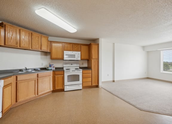 an empty kitchen with wooden cabinets and appliances and a window