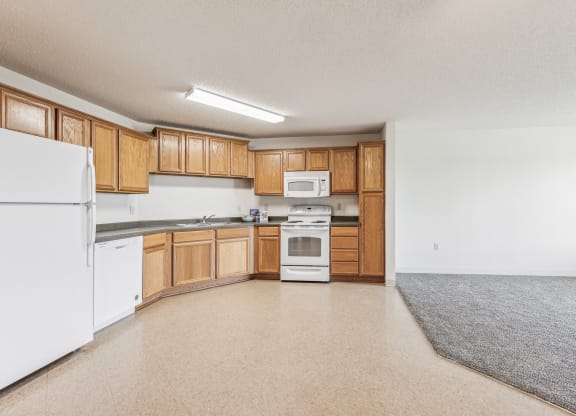 Open-concept apartment kitchen with wooden cabinetry, white appliances including a refrigerator, dishwasher, stove, and microwave, and beige vinyl flooring. The kitchen flows into a carpeted living area with white walls and bright overhead lighting