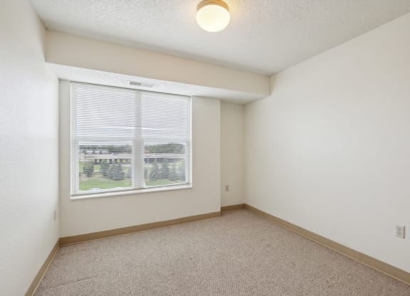 Empty apartment bedroom with white walls, beige carpeting, and a large window with blinds offering a view of green outdoor spaces. A simple ceiling light fixture is mounted in the center of the room
