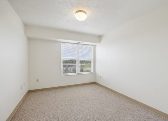 Empty apartment bedroom with white walls, beige carpeting, and a large window with blinds allowing natural light and an outdoor view. A simple ceiling light fixture is mounted in the center of the room