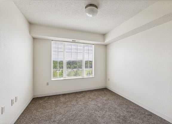Empty apartment bedroom with white walls, gray carpeting, and a large window with blinds offering a view of green outdoor scenery. A simple ceiling light fixture is centered on the textured ceiling