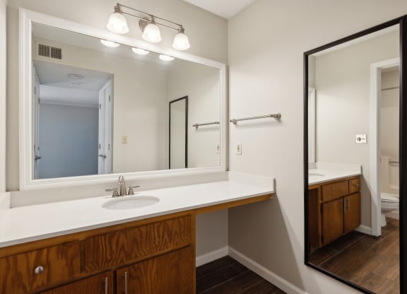 a bathroom with a large mirror and a sink