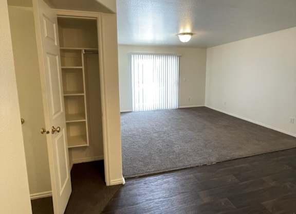 A room with a white door and a window with blinds.