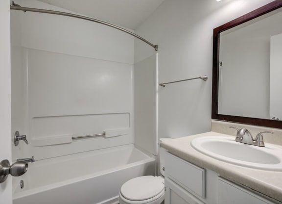 a bathroom with a sink and a bath tub and a mirror