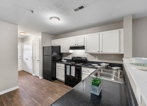 the preserve at ballantyne commons apartment kitchen with black appliances and white cabinets