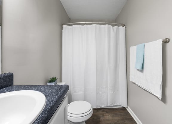 a bathroom with a white shower curtain and a sink and a toilet