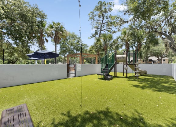 a yard with a picnic table and an umbrella
