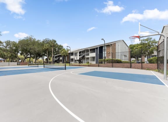 the basketball court at the whispering winds apartments in pearland tx