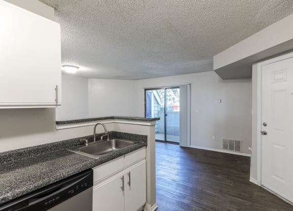 an open kitchen and living room with a sink and a window