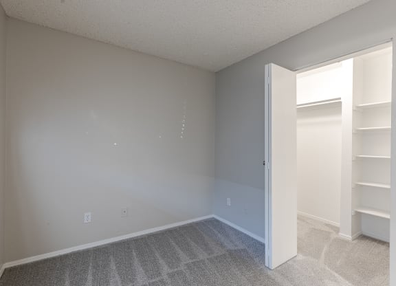 an empty bedroom with a closet and a mirrored closet door